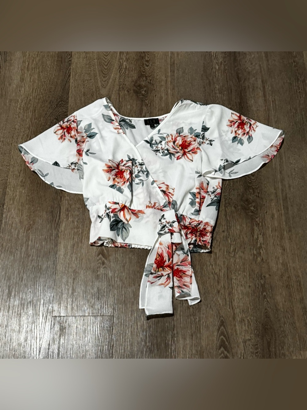 Floral Wrap Crop Blouse - White with Coral Pink Flowers